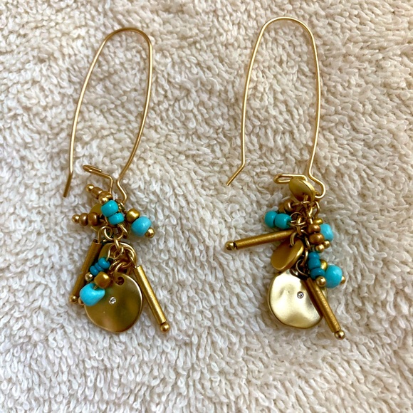 Lovely turquoise and gold dangle hoop earrings with beads. Lightweight. - Picture 2 of 6